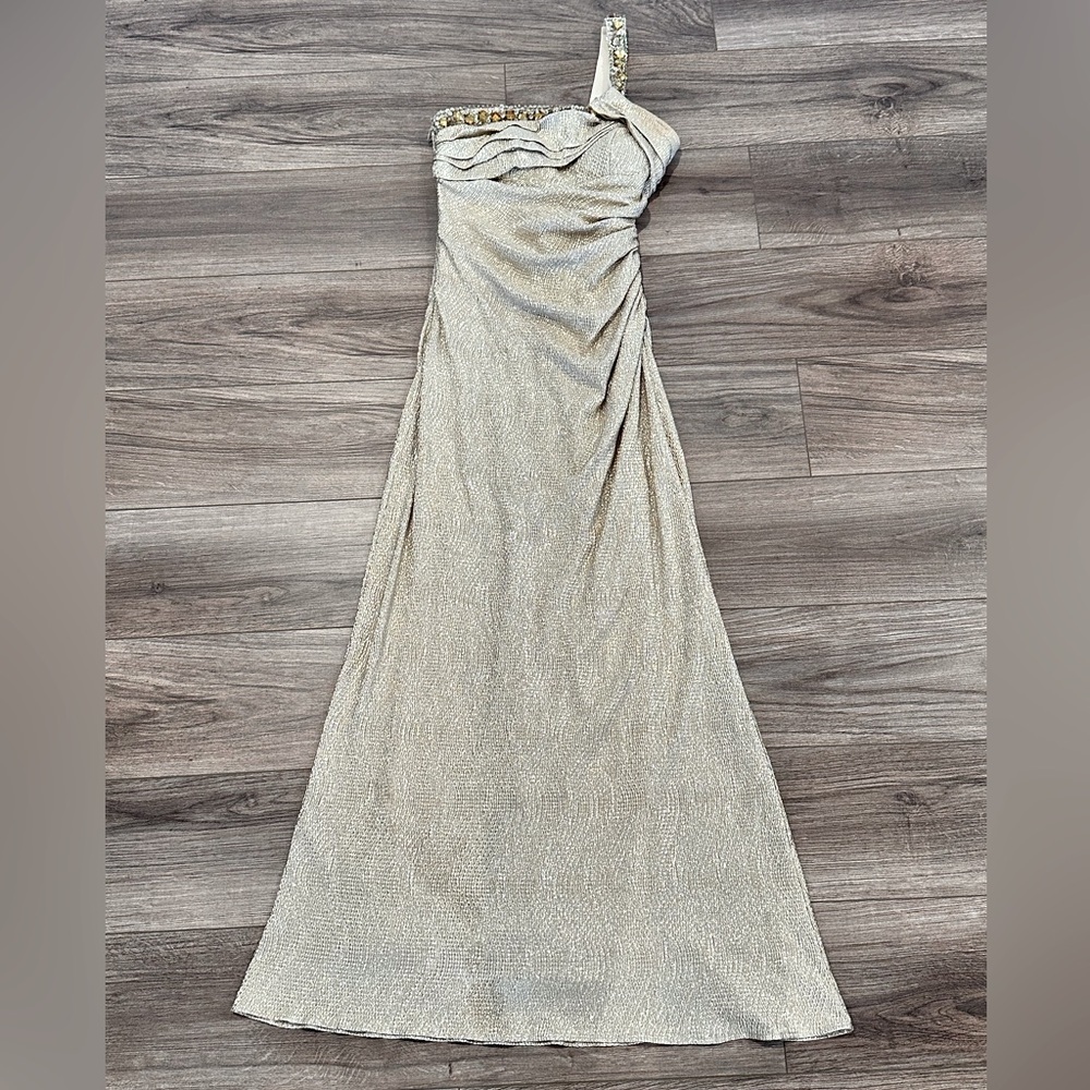 Cache Gold Shimmer One-Shoulder Jeweled Evening Dress Size 4